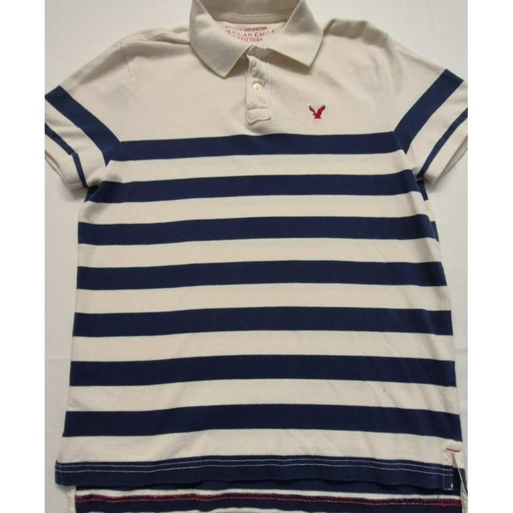 American Eagle Athletic Fit men's navy/white stripped knit‎ polo red logo sz. M